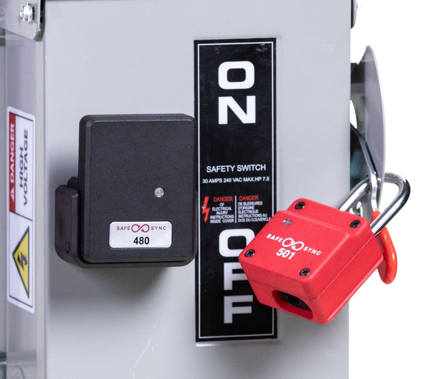 Safe Sync Smart Lock and Equipment Tag installed on a safety switch