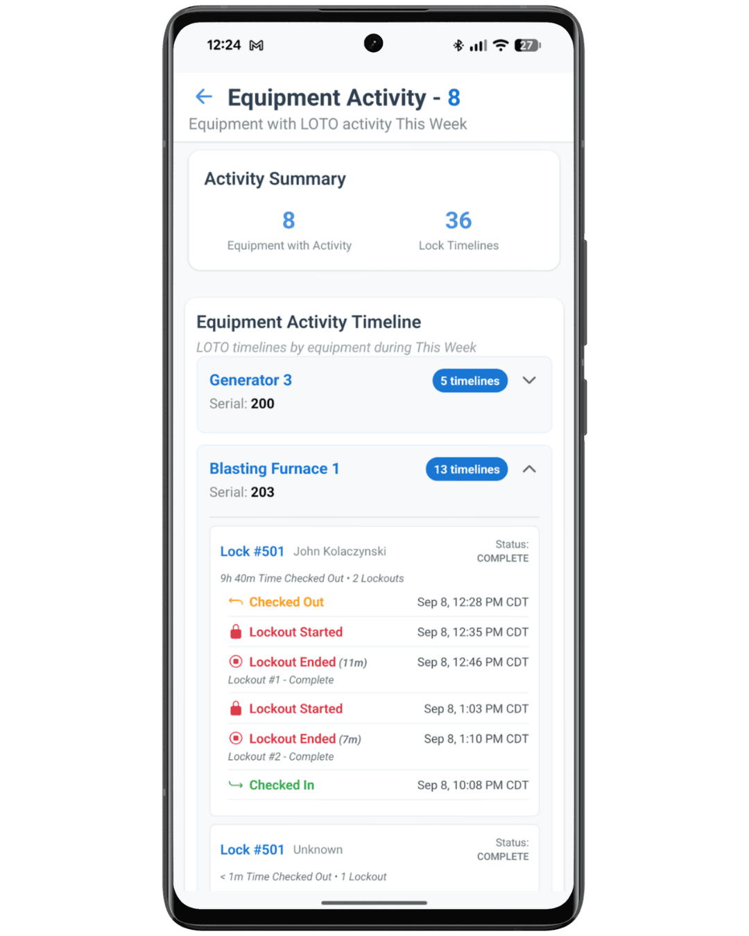 Safe Sync app showing equipment activity — lock timelines with checkouts, lockouts, and check-ins